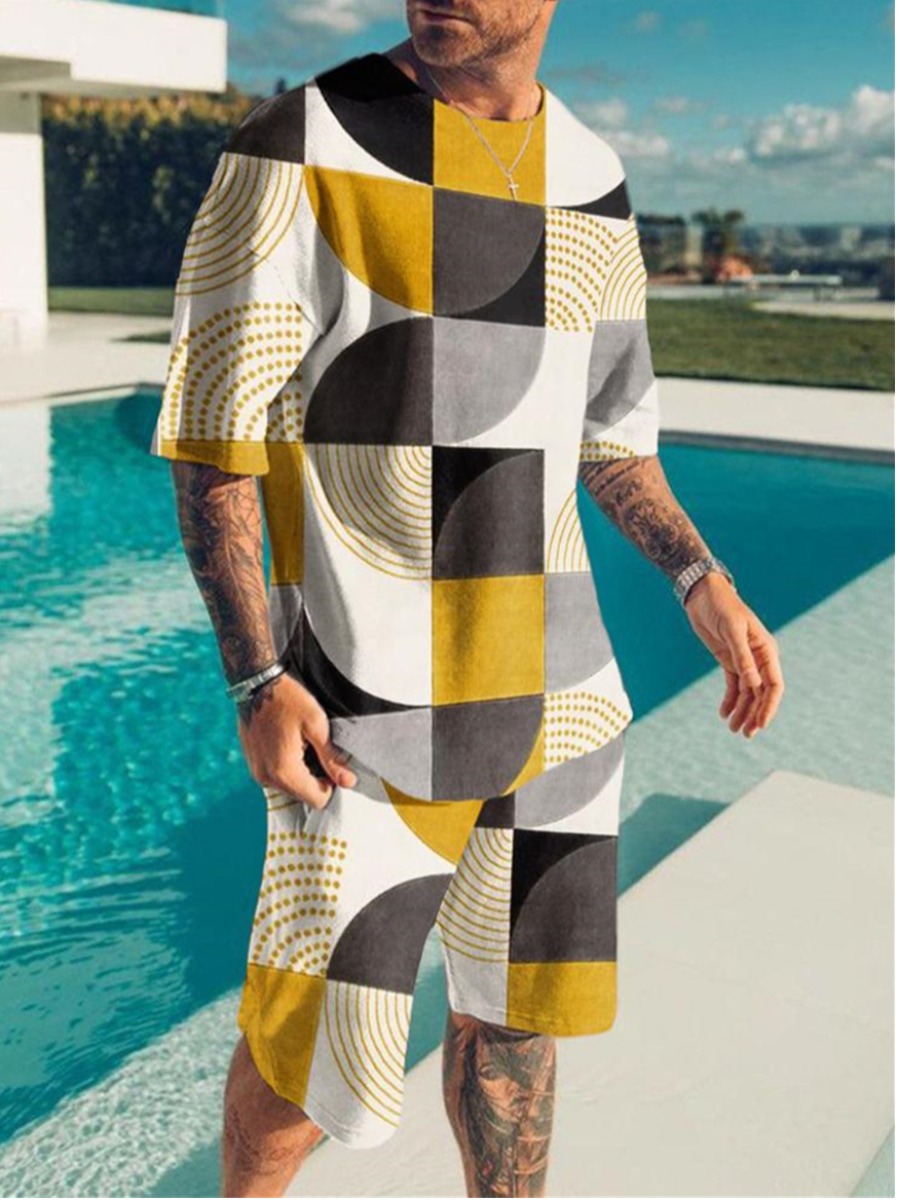 

LW Men Geometric Print Patchwork Shorts Set, Yellow
