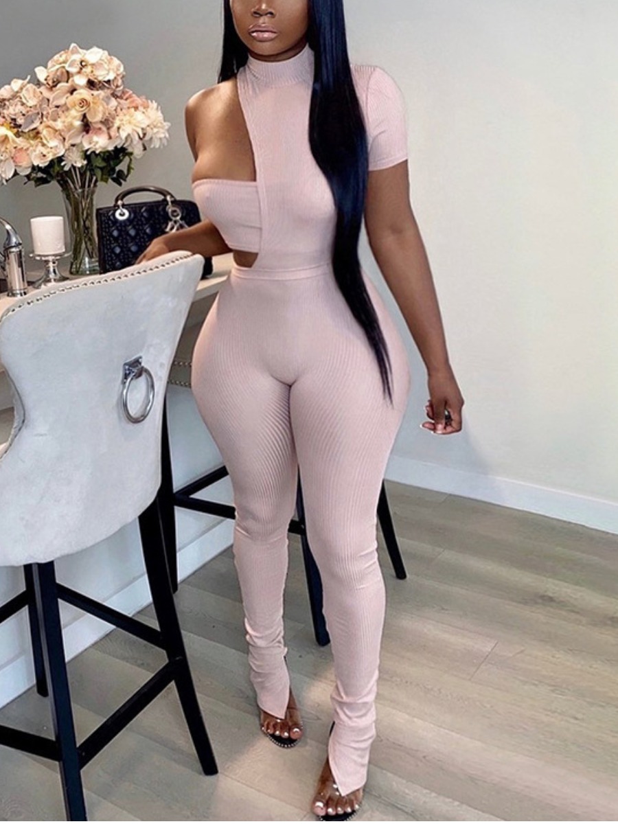 

LW Rib-Knit Cut Out Skinny Jumpsuit (With Bra), Light pink