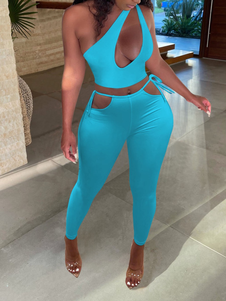 

LW One Shoulder Cut Out Skinny Pants Set, Baby blue