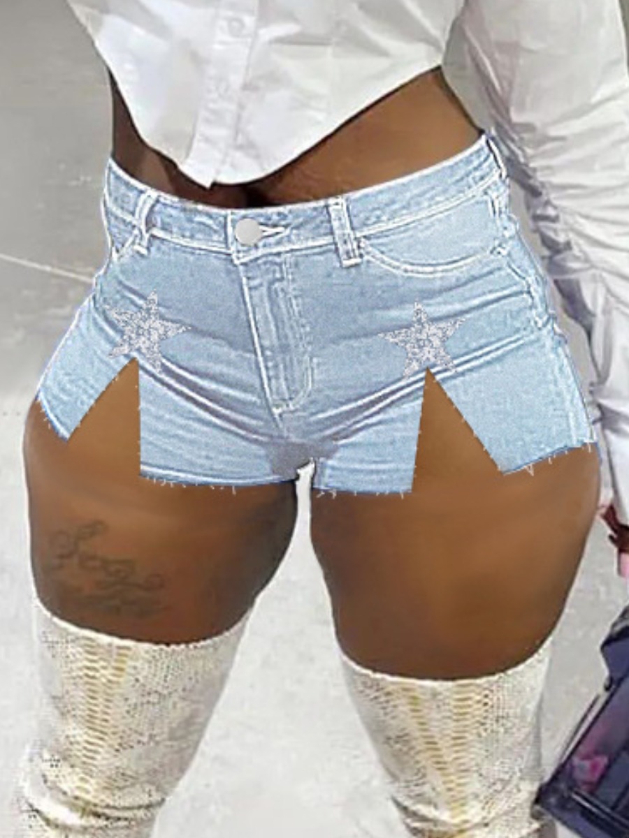 

LW Raw Edge High Stretchy Denim Shorts, Baby blue