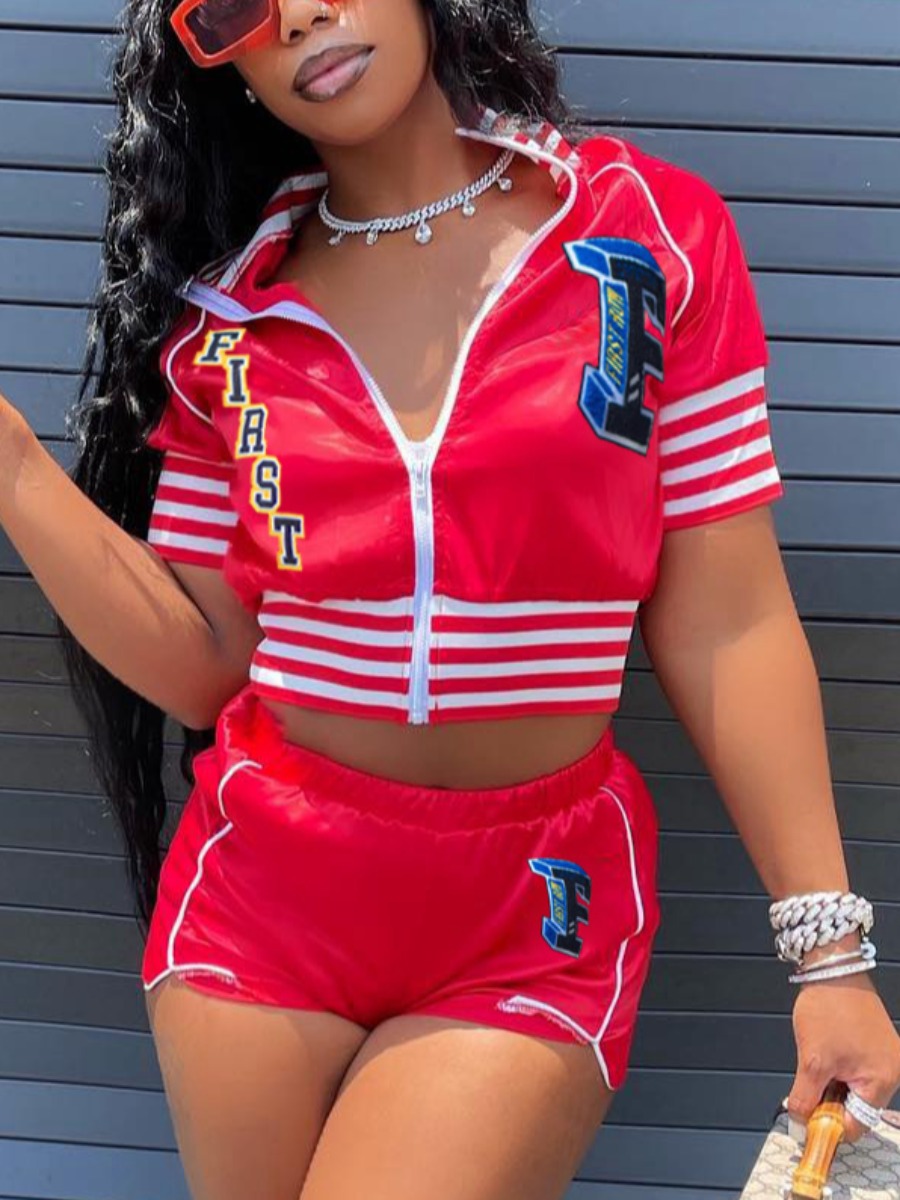 

LW Letter Print Striped Shorts Set, Red