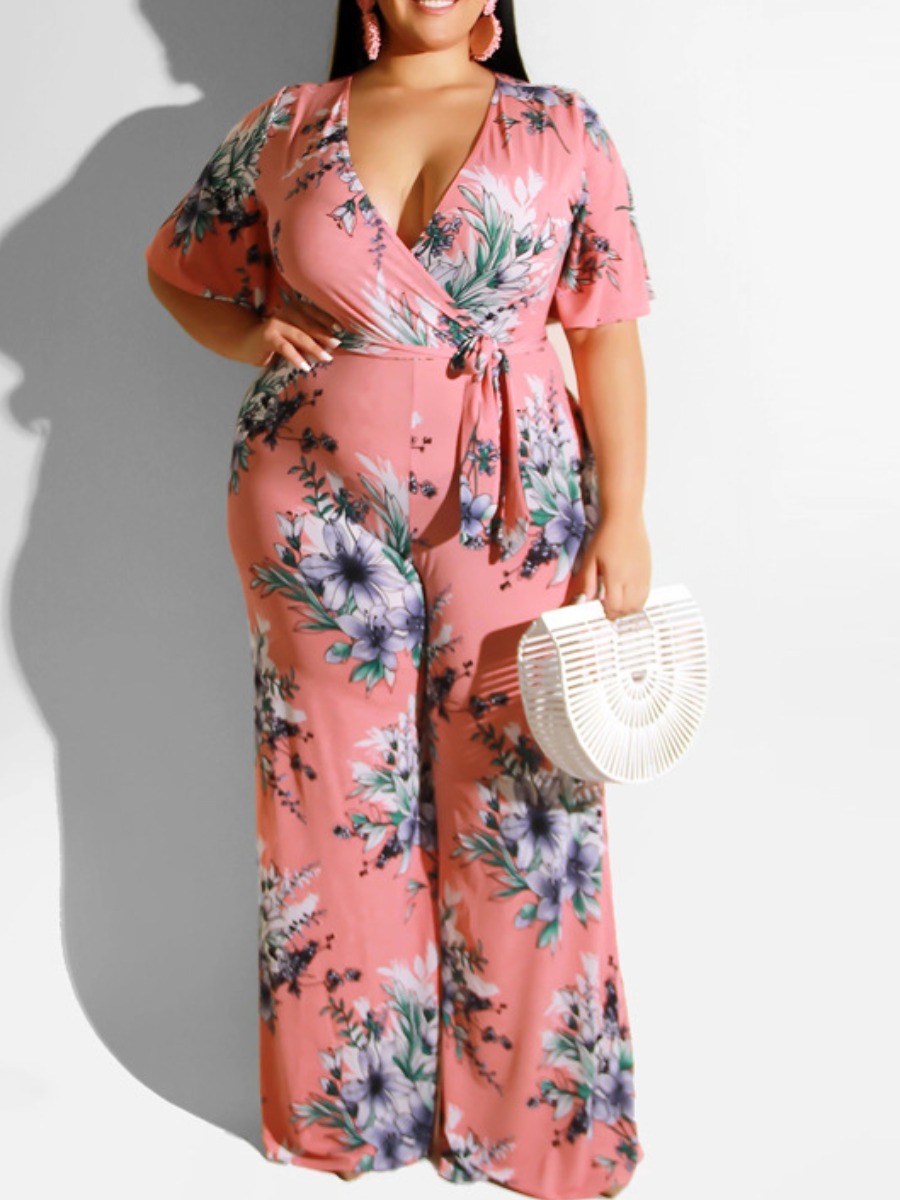 

LW Plus Size Floral Print Wide Leg Jumpsuit, Pink