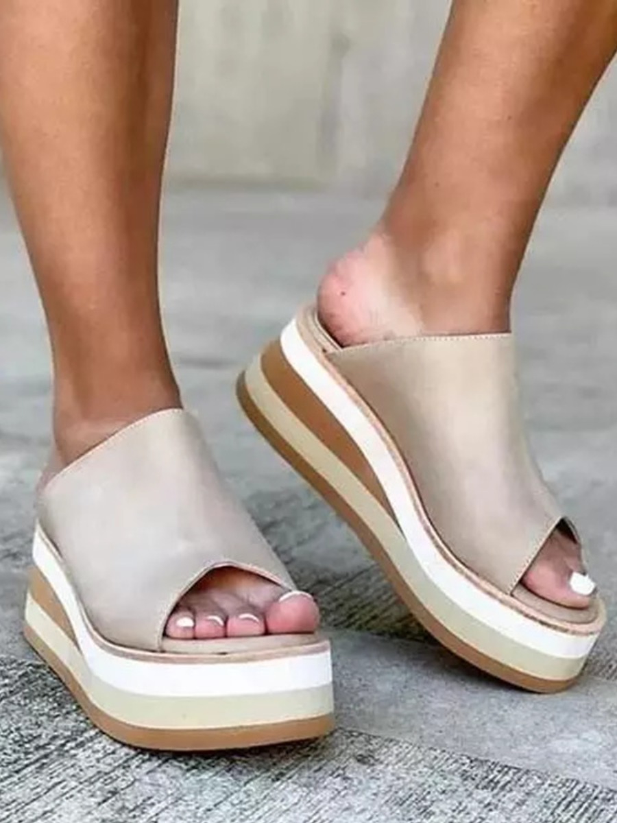 

LW High Sole Striped Slippers, Apricot