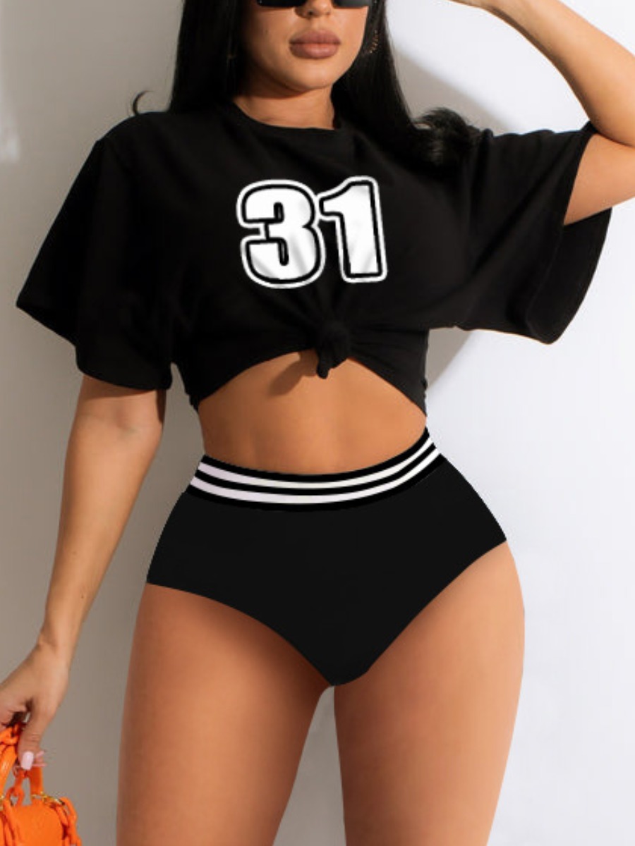 

LW COTTON Letter Print Striped Shorts Set, Black