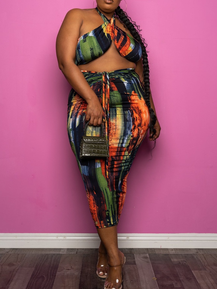 

LW SXY Plus Size Gradient Backless Skirt Set, Black green