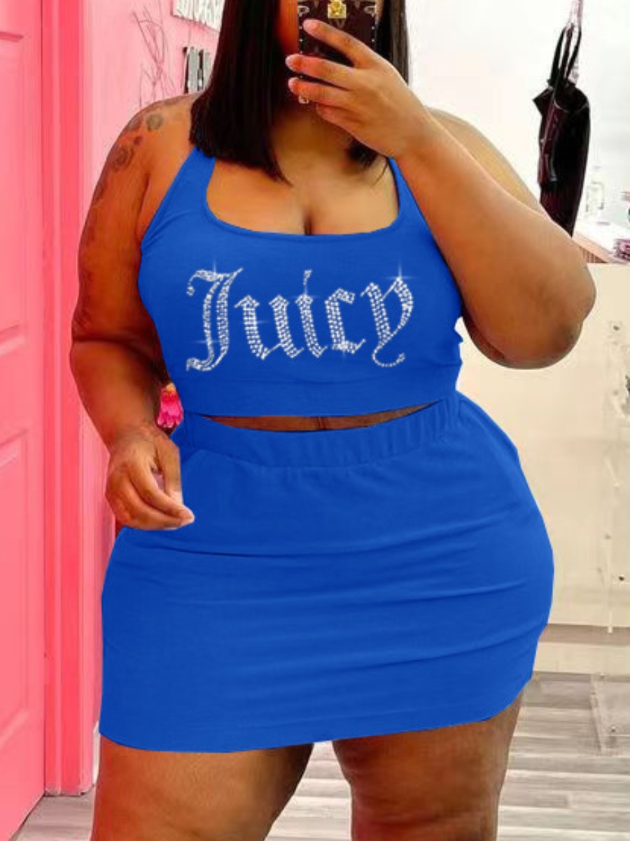 

LW Plus Size Hot Drilling Letter Decor Skirt Set, Blue