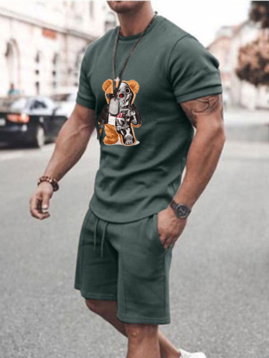 LW Men Cartoon Print Drawstring Shorts Set