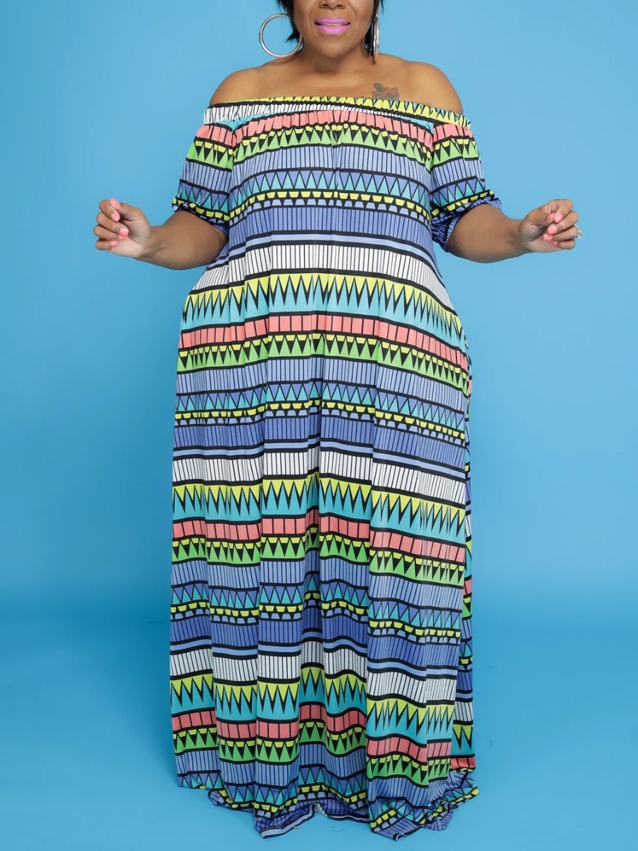 

LW SXY Plus Size Off The Shoulder Striped Loose Dress, Blue