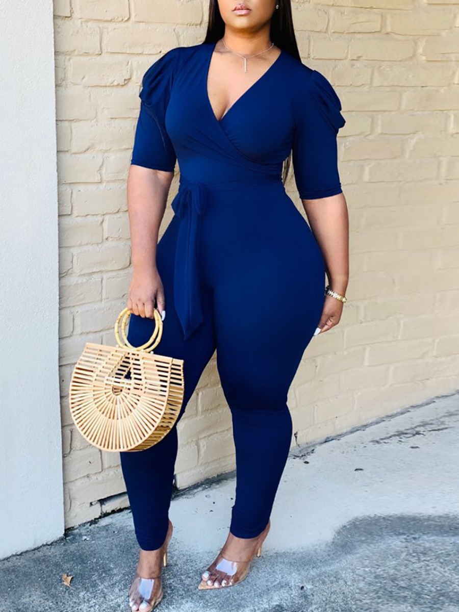 

LW Puff Sleeve Bandage Design Jumpsuit, Blue