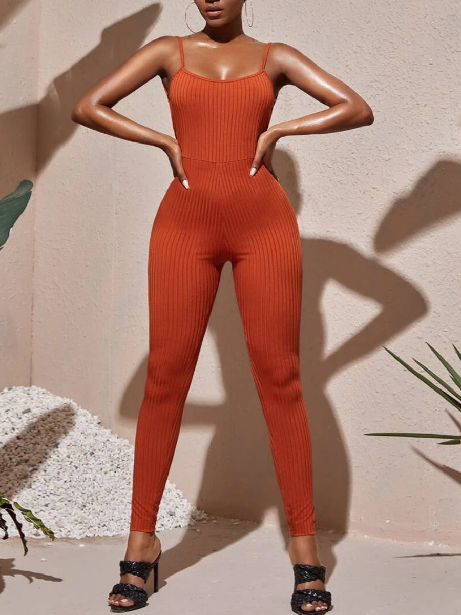 

LW SXY Rib-Knit Backless Jumpsuit, Brick red