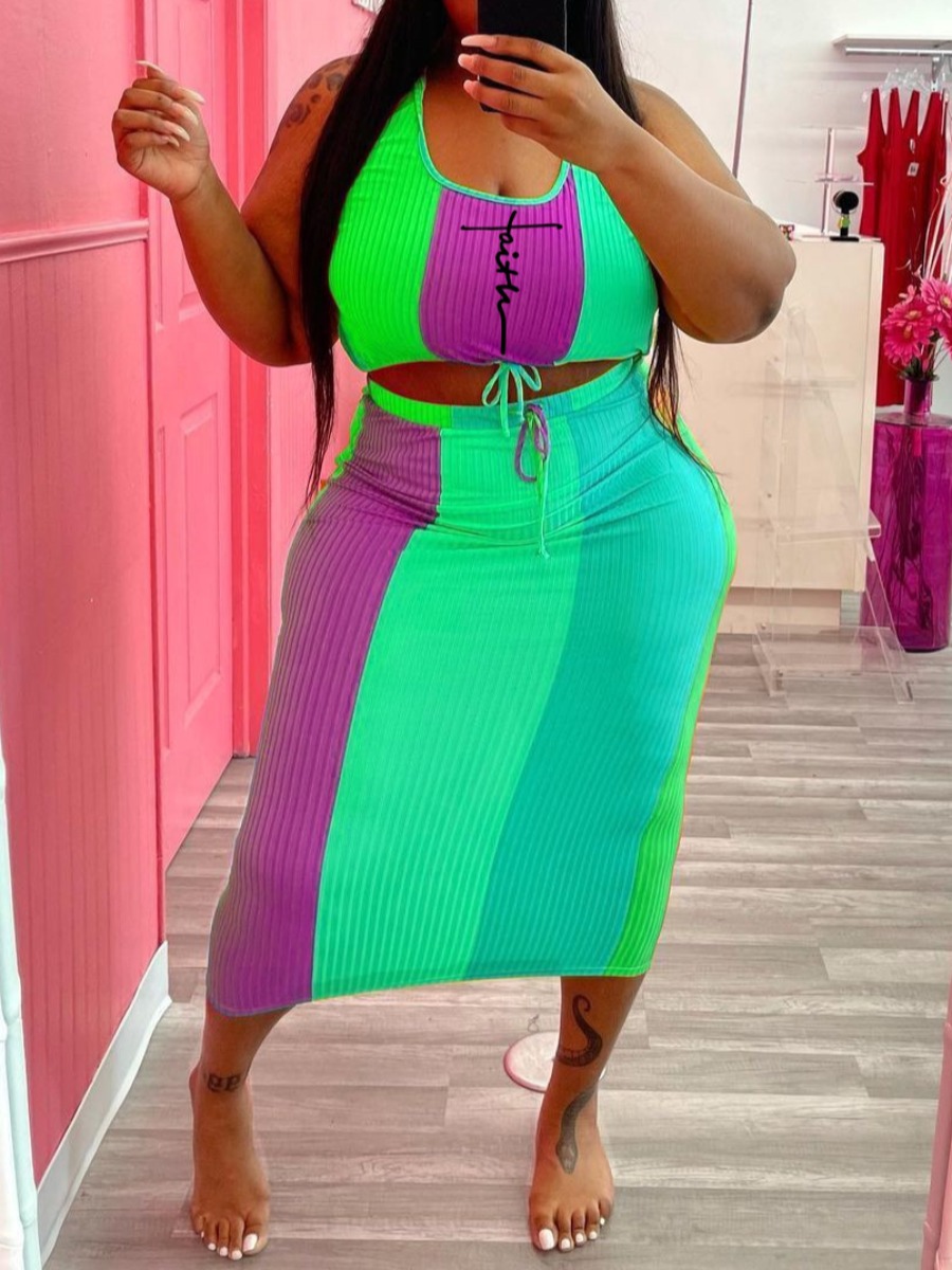 

LW SXY Plus Size Faith Letter Print Rib-Knit Skirt Set, Multi
