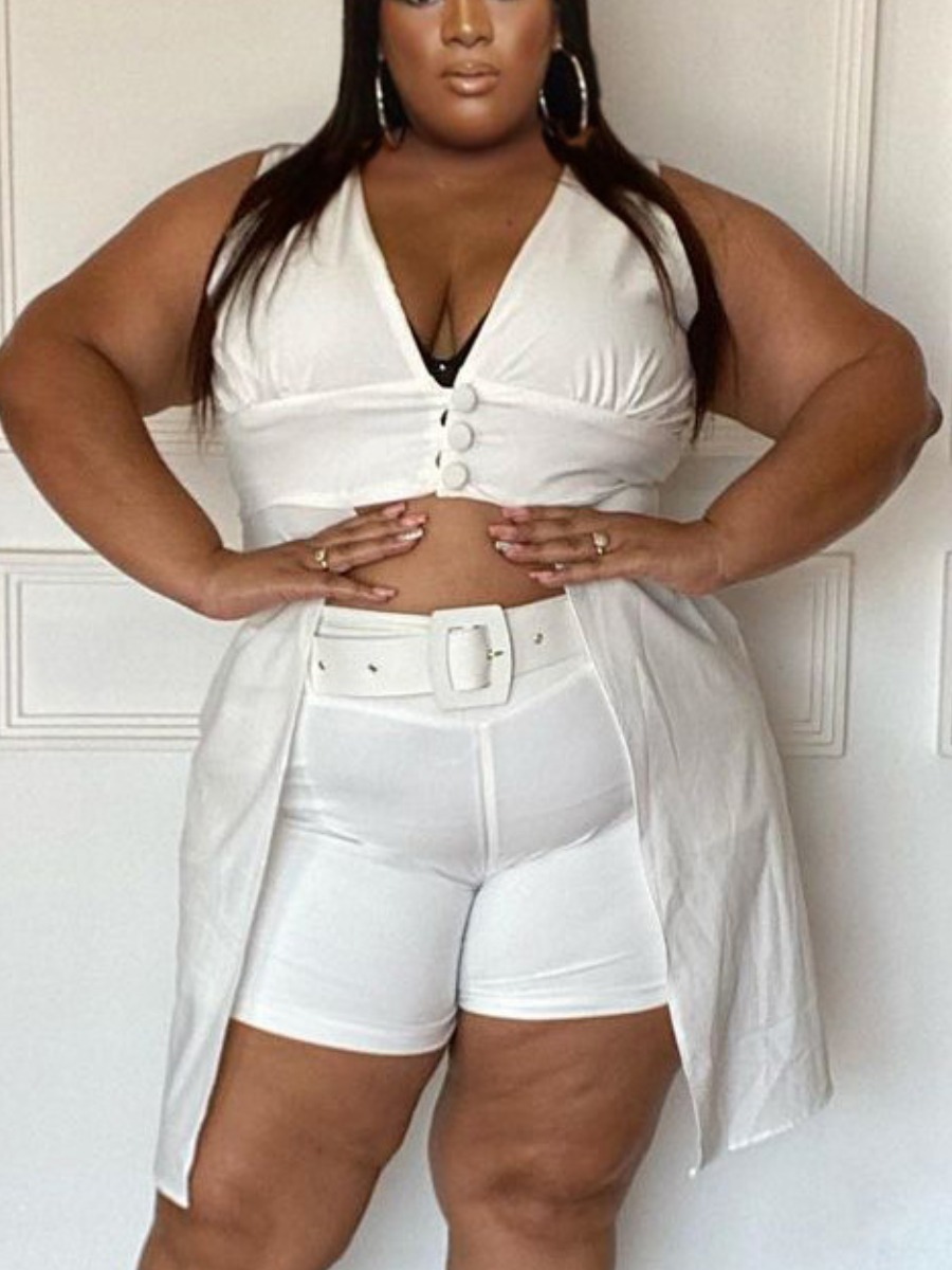 

LW SXY Plus Size Button Design Stretchy Shorts Set (Without Waistchain), White