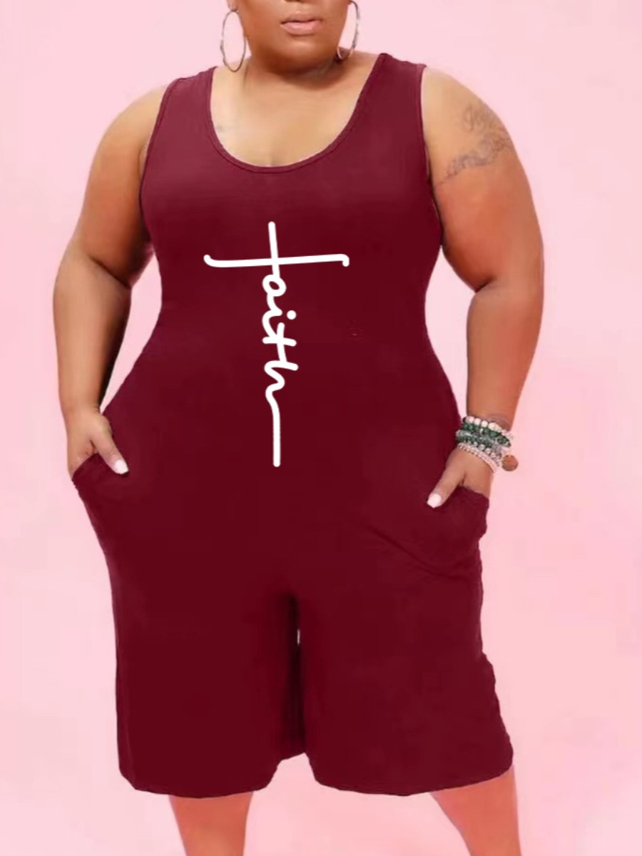 

LW Plus Size Faith Letter Print Romper, Wine red