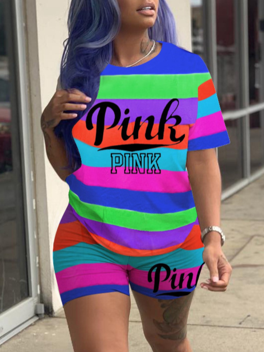 

LW Pink Letter Print Striped Shorts Set, Multi