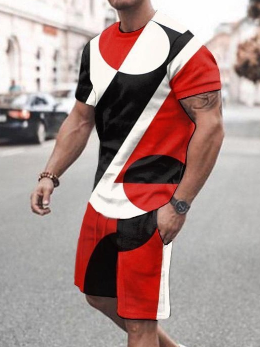 

LW COTTON Men Geometric Print Drawstring Shorts Set, Red