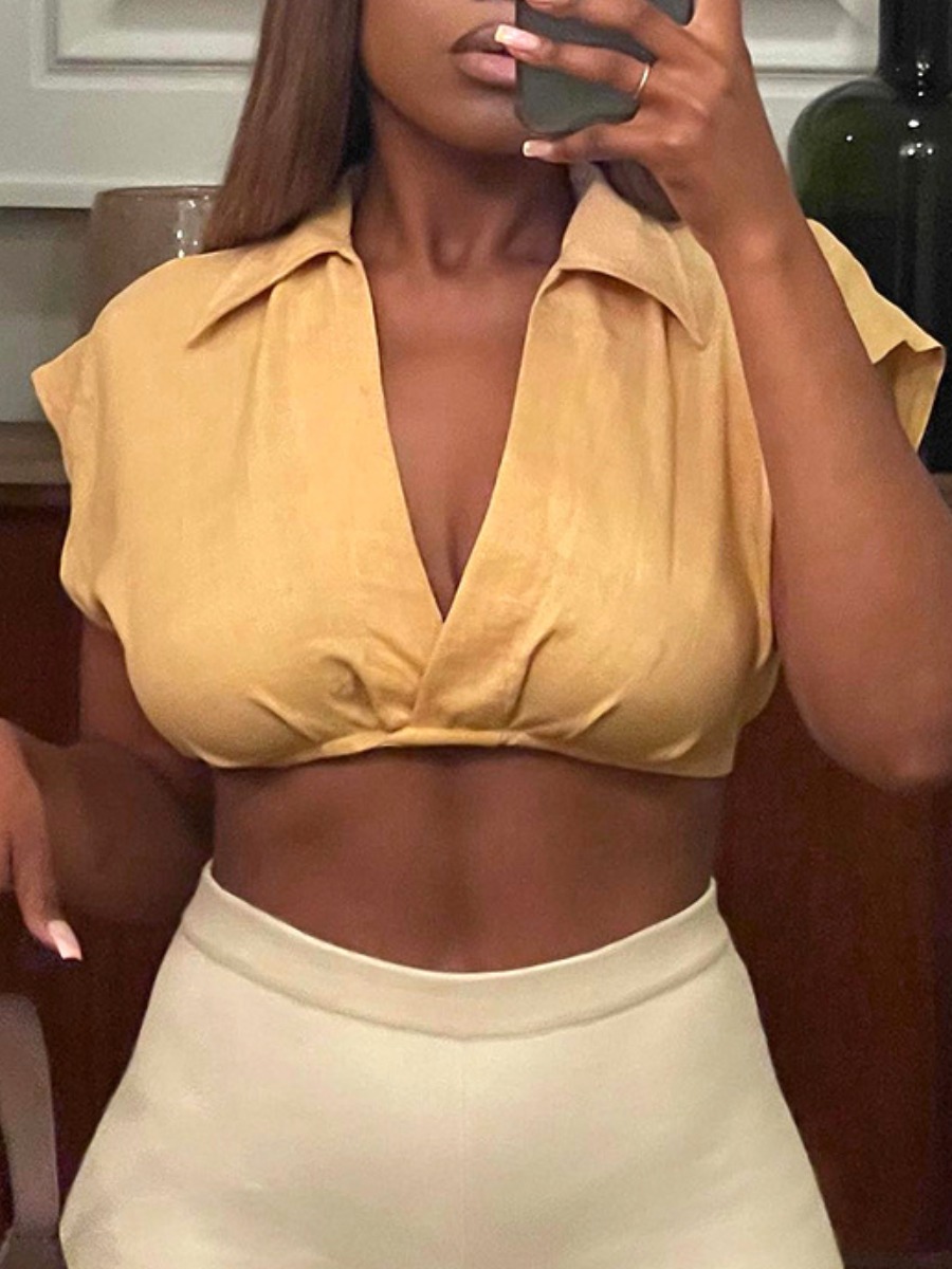 

LW Turndown Collar Crop Top Blouse, Yellow