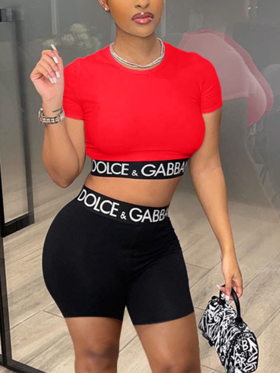 

LW Crop Top Letter Print Shorts Set, Red