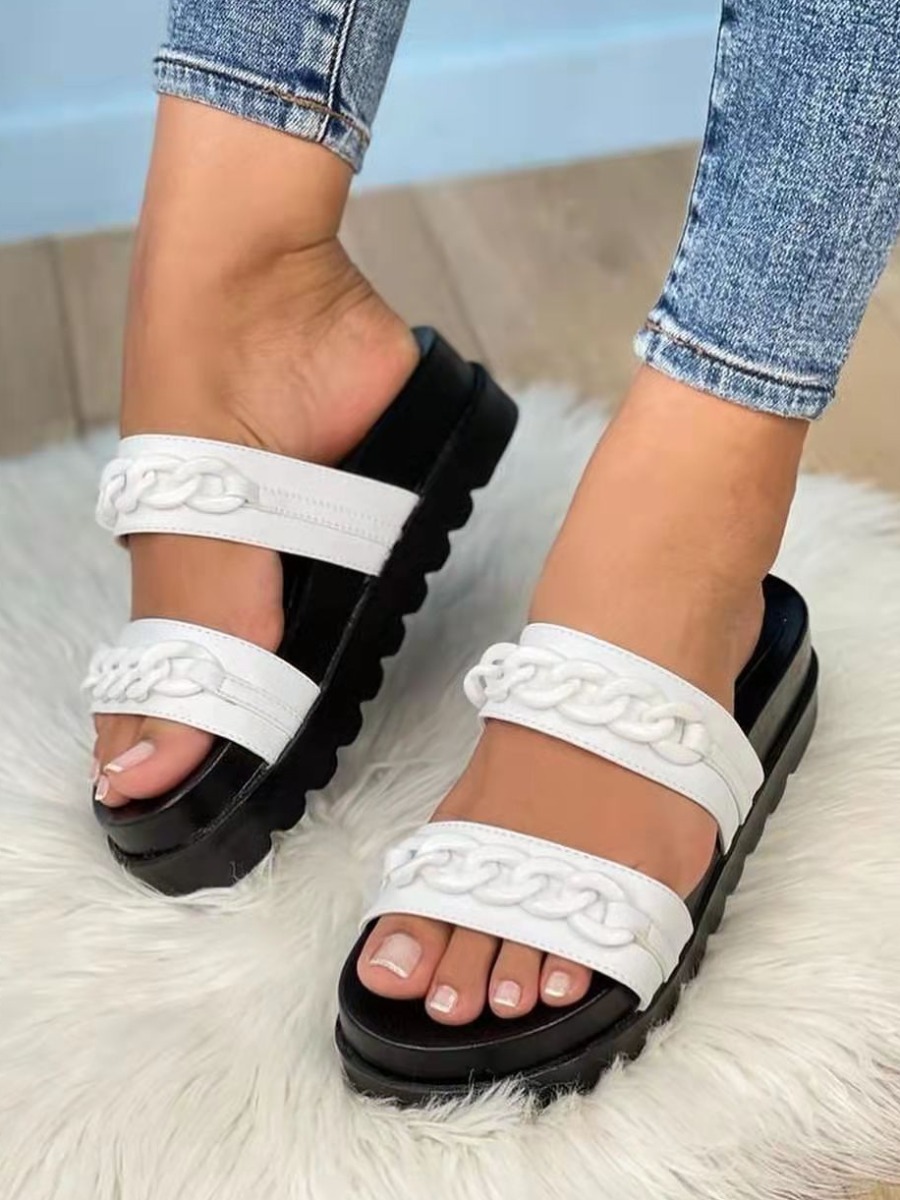 

LW Chain Decor Double Strap Slippers, White