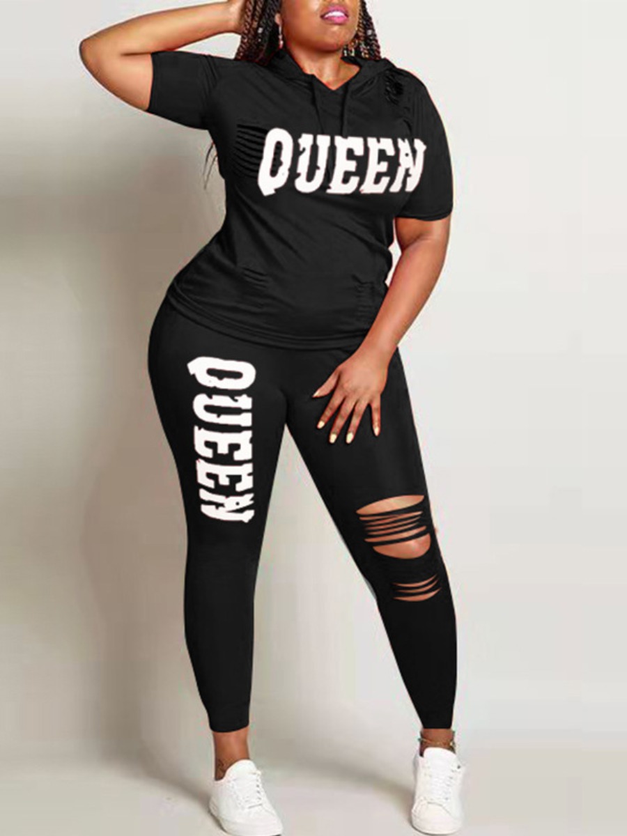 

LW Queen Letter Print Ripped Pants Set, Black