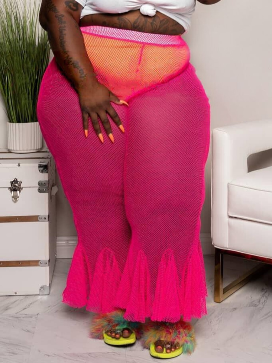 

LW SXY Plus Size See-through Ruffle Design Pants, Rose red