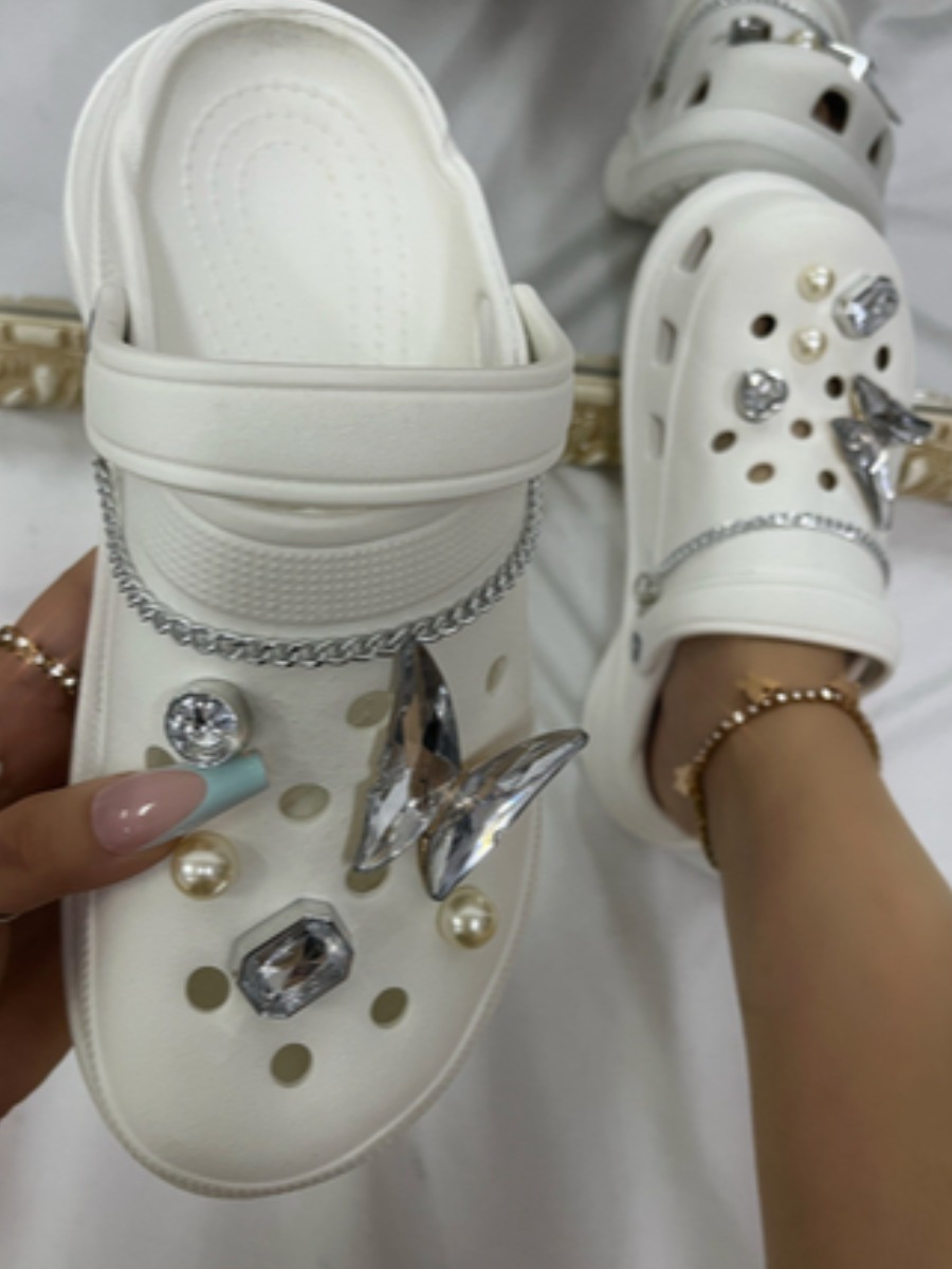 

LW Round Toe Crystal Pearl Patchwork Daily Slippers, White