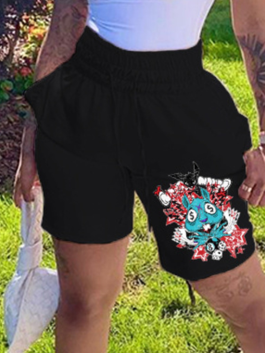 

LW Cartoon Print Drawstring Shorts, Black
