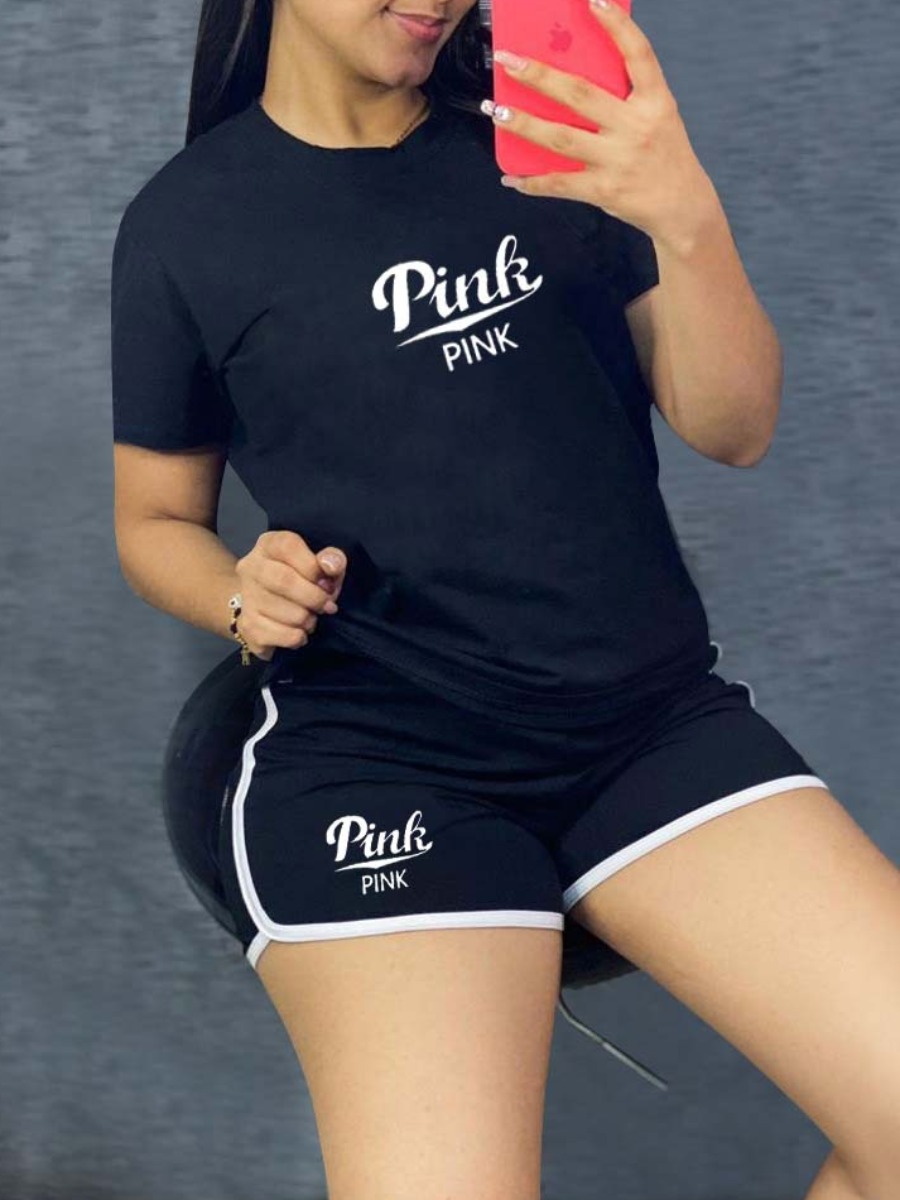 

LW Pink Letter Print Shorts Set, Black