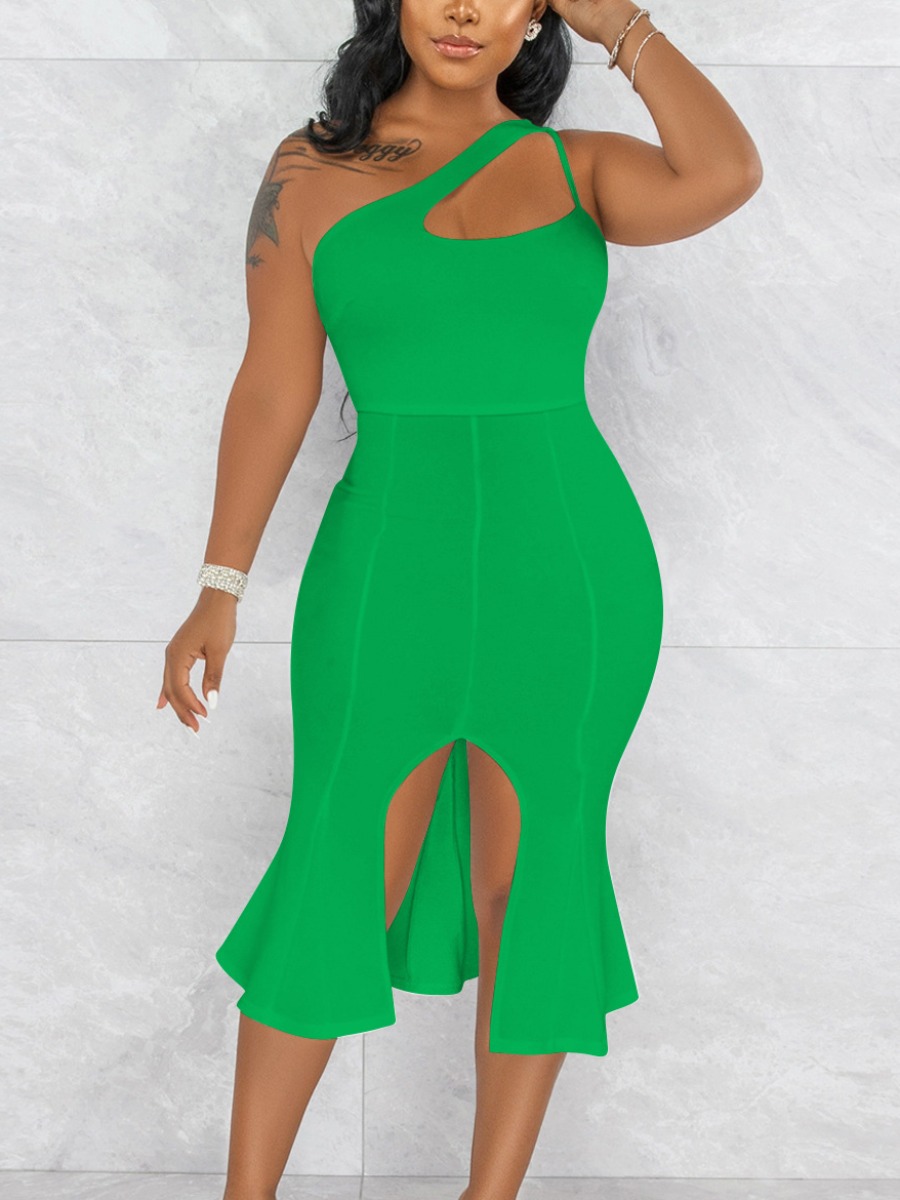 

LW SXY One Shoulder Slit Flounce Design Dress, Green