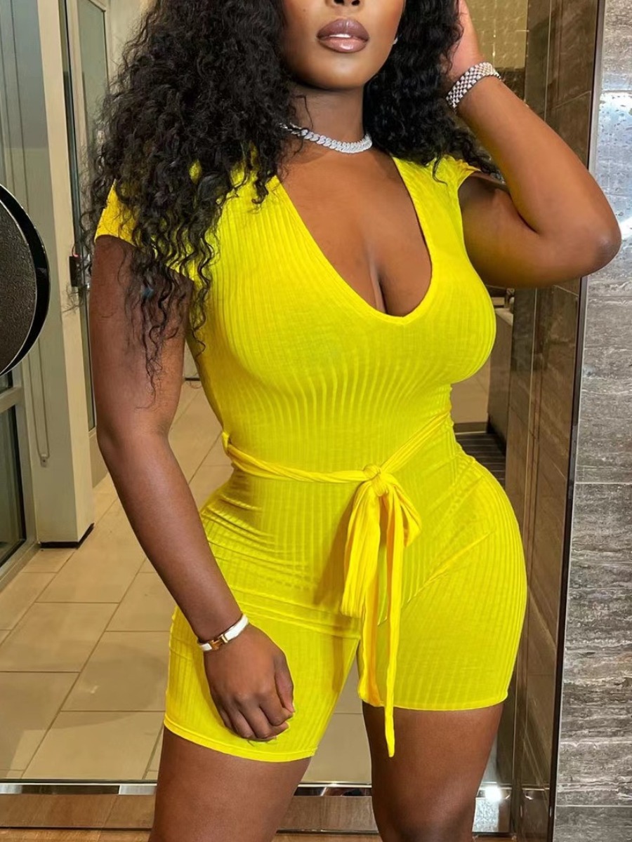 

LW V Neck Bandage Design Romper, Yellow