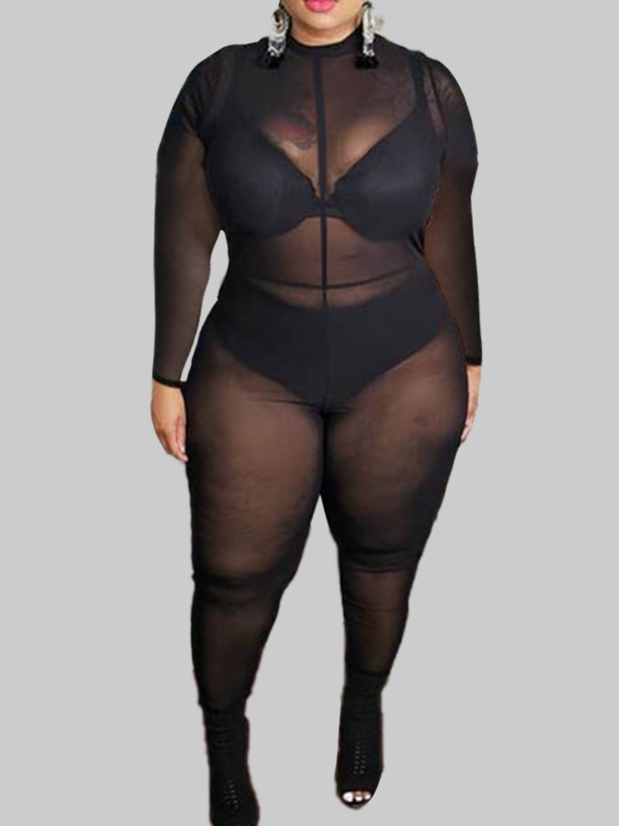 

LW SXY Plus Size See-through Skinny Stretchy Jumpsuit, Black