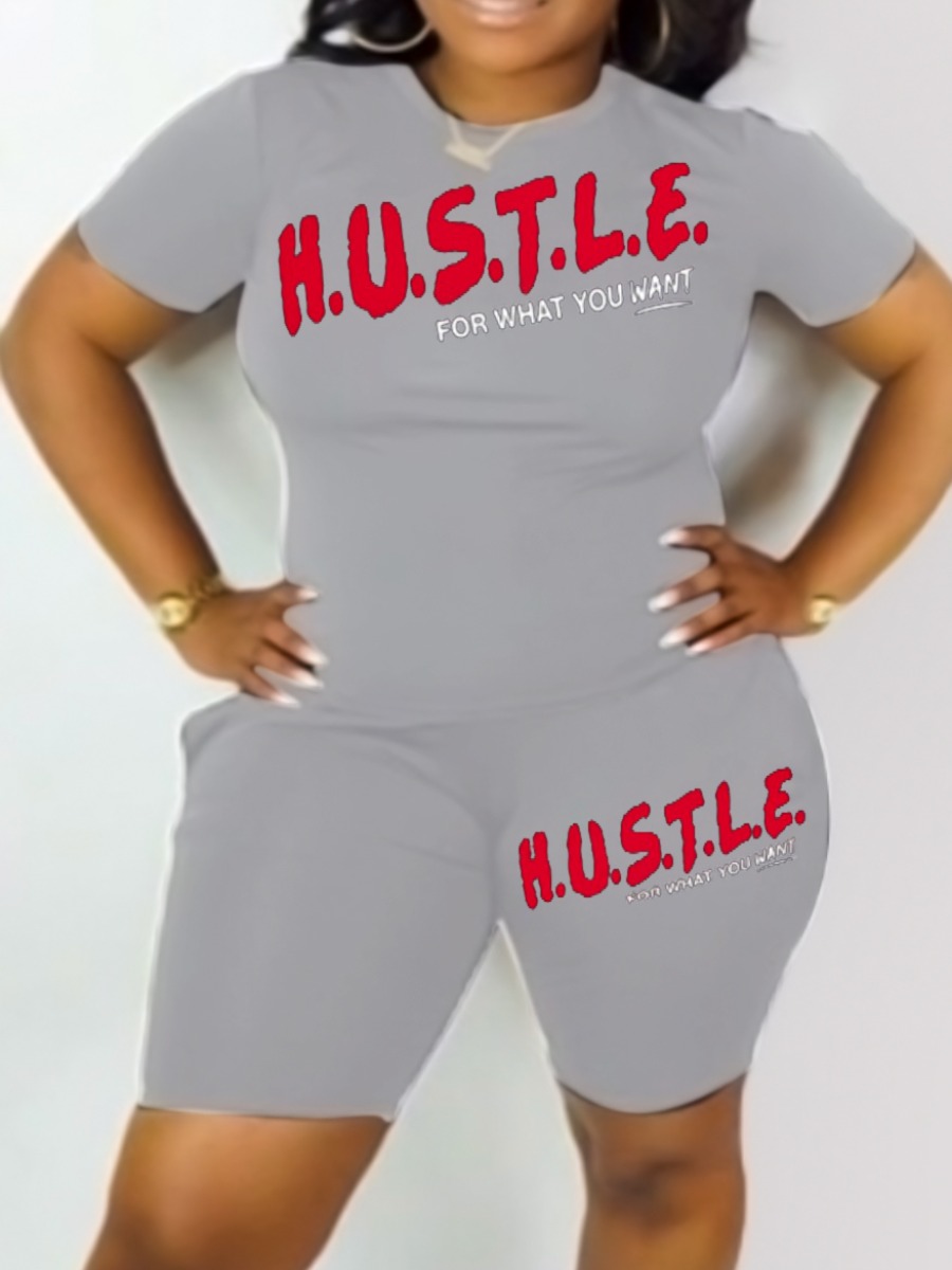 

LW Plus Size Hustle Letter Print Shorts Set, Grey