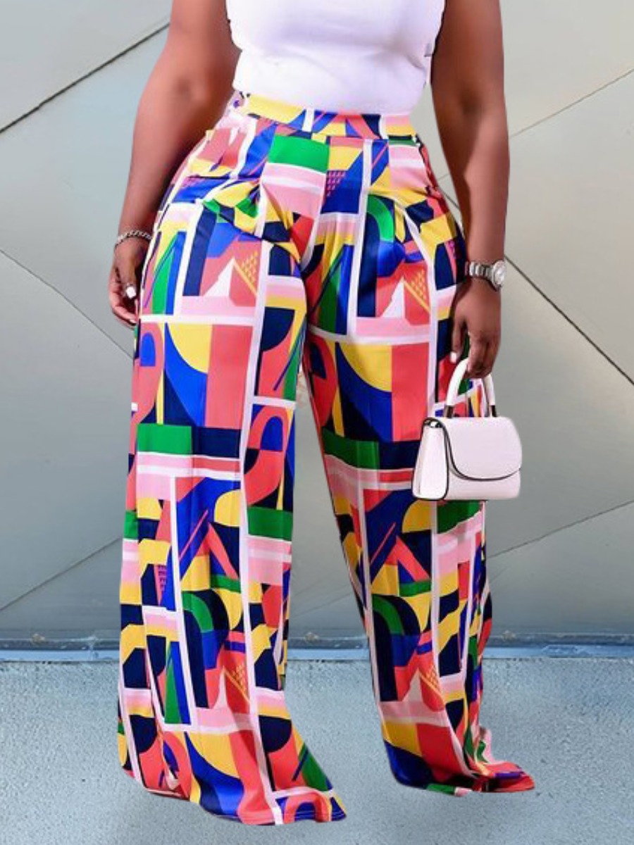 

LW Plus Size Geometric Print Wide Leg Pants, Multicolor lattices