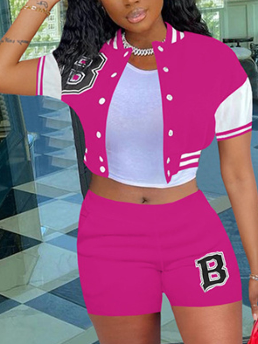 LovelyWholesale Letter Print Striped Shorts Set Summer Short Sleeve Street Baseball Collar Spring Summer 2024