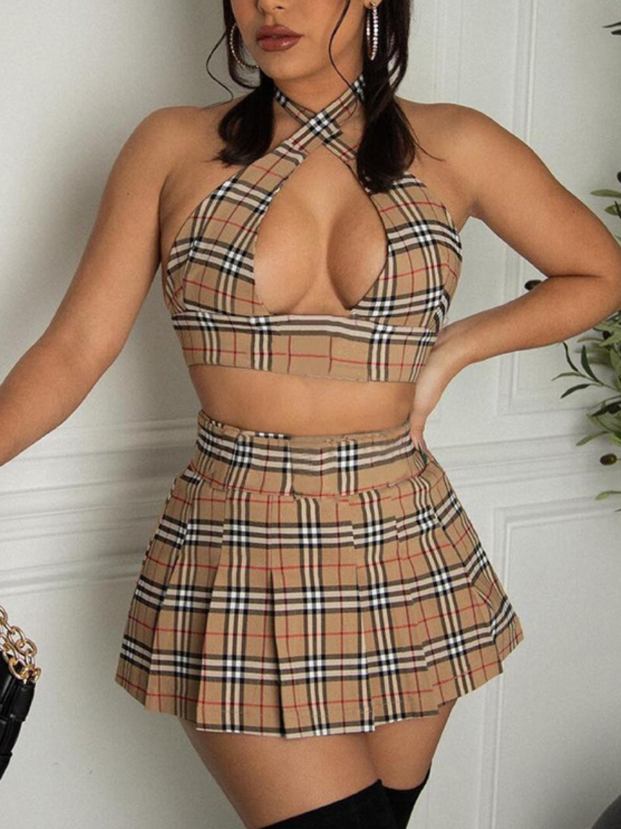 

LW SXY Crop Top Plaid Print Pleated Skirt Set, Khaki