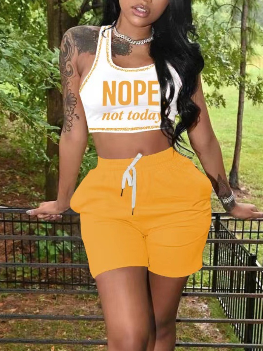 

LW Letter Print Crop Top Drawstring Shorts Set, Croci