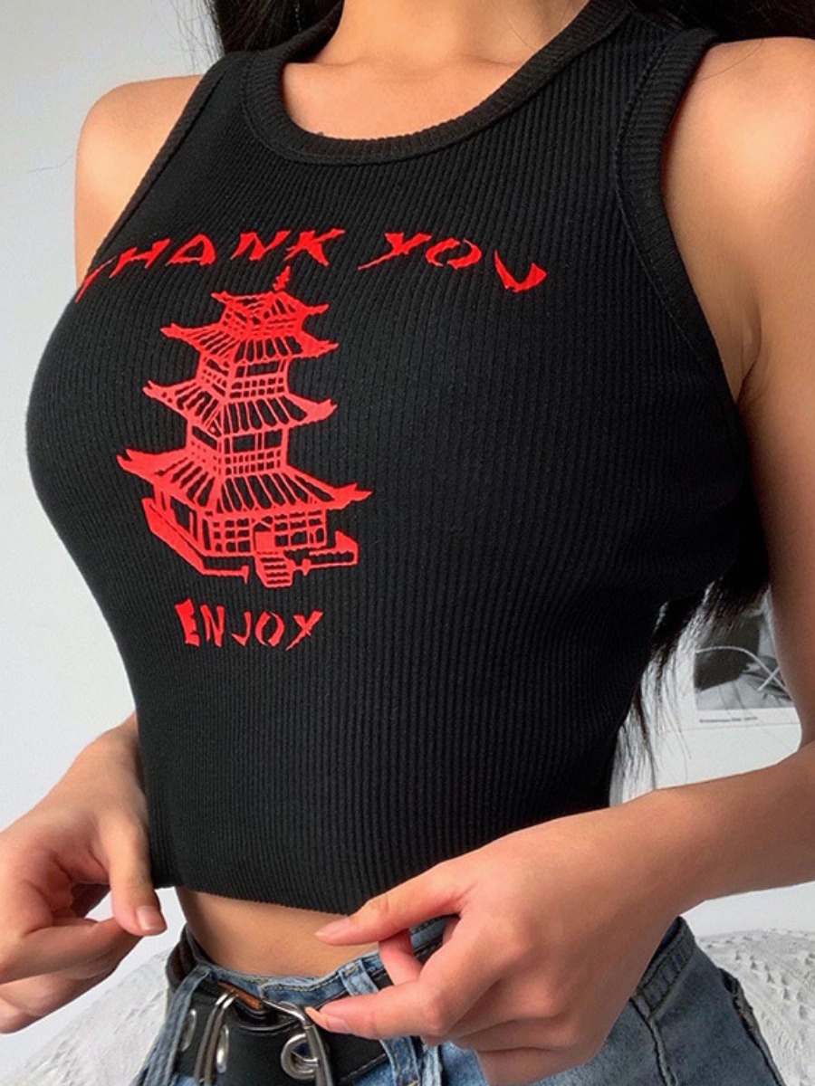 

LW Rib-Knit Letter Print T-shirt, Black