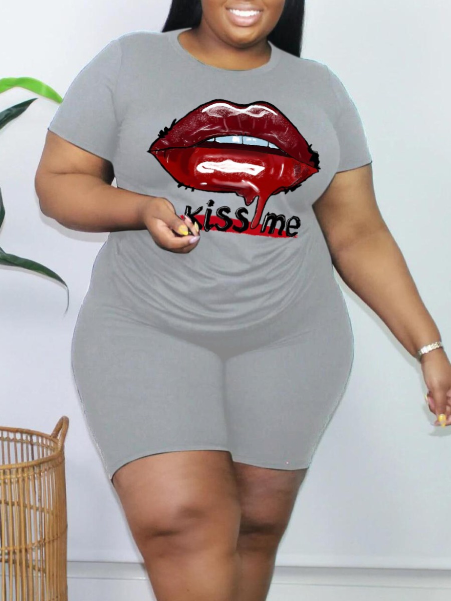 

LW Plus Size Letter Lip Print Shorts Set, Moon light