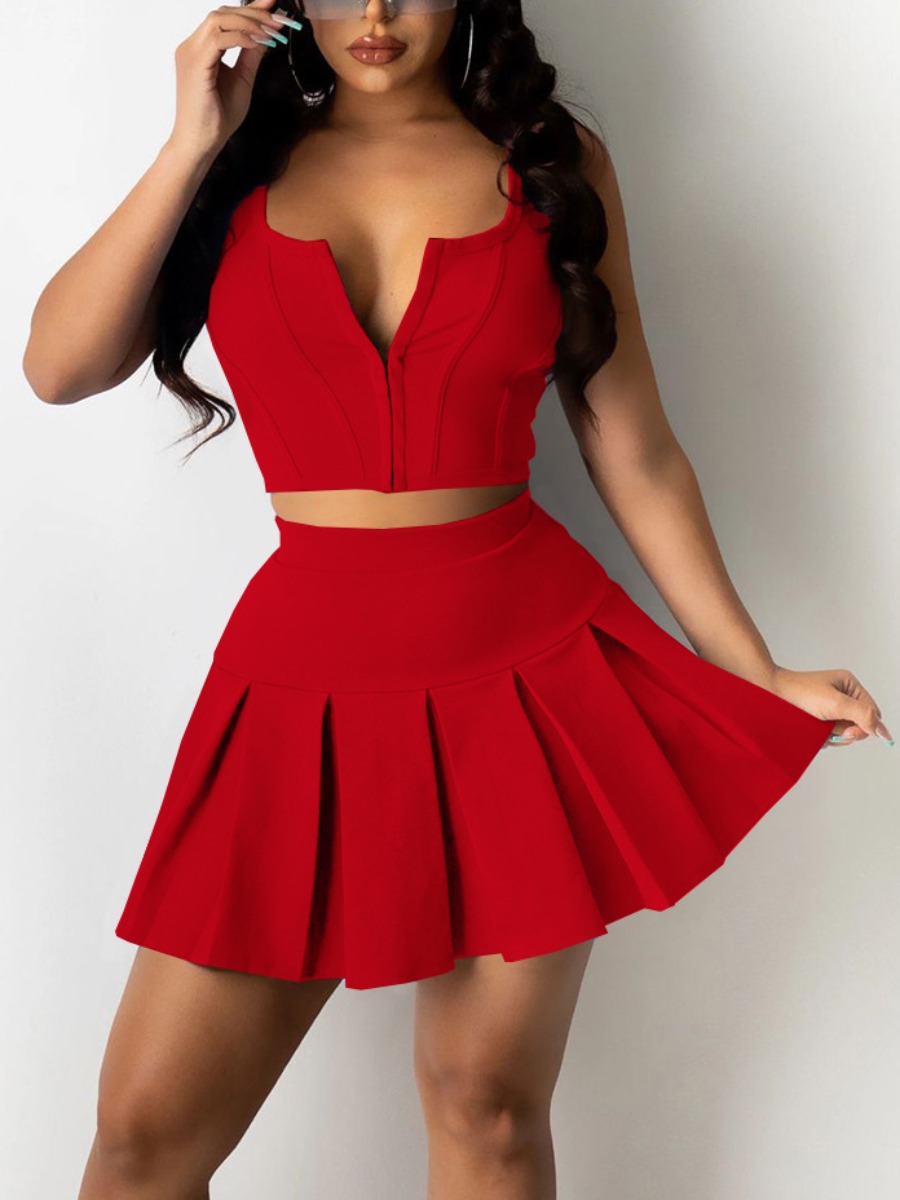 

LW U Neck Flounce Design Skirt Set, Red
