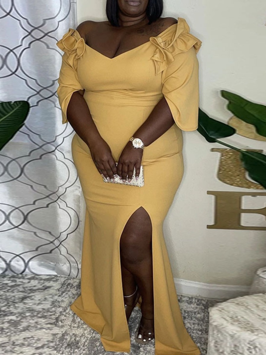 

LW Plus Size Ruffle Design Slit Bodycon Dress, Yellow