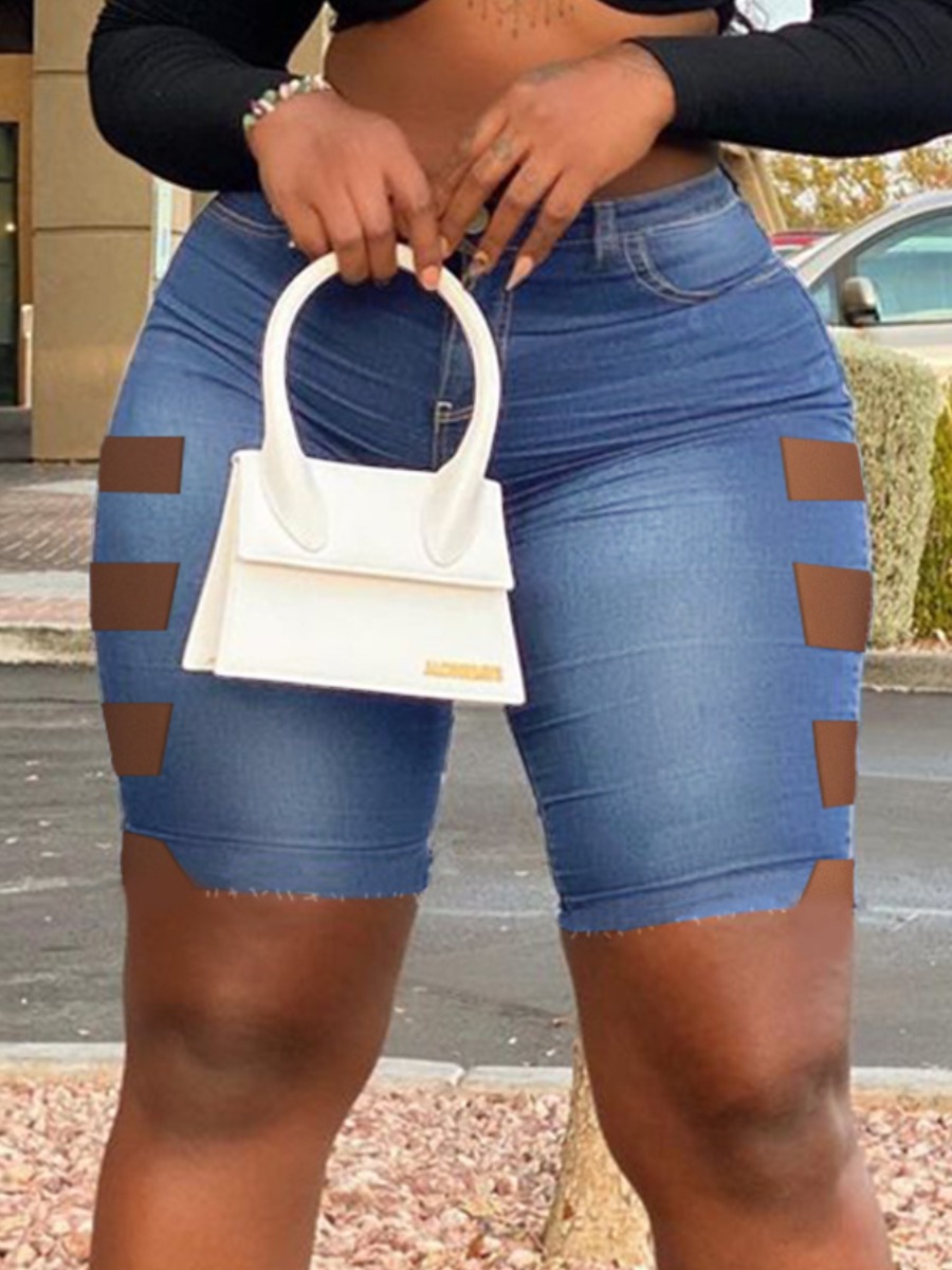 

LW Plus Size Ripped Raw Edge Denim Shorts, Blue