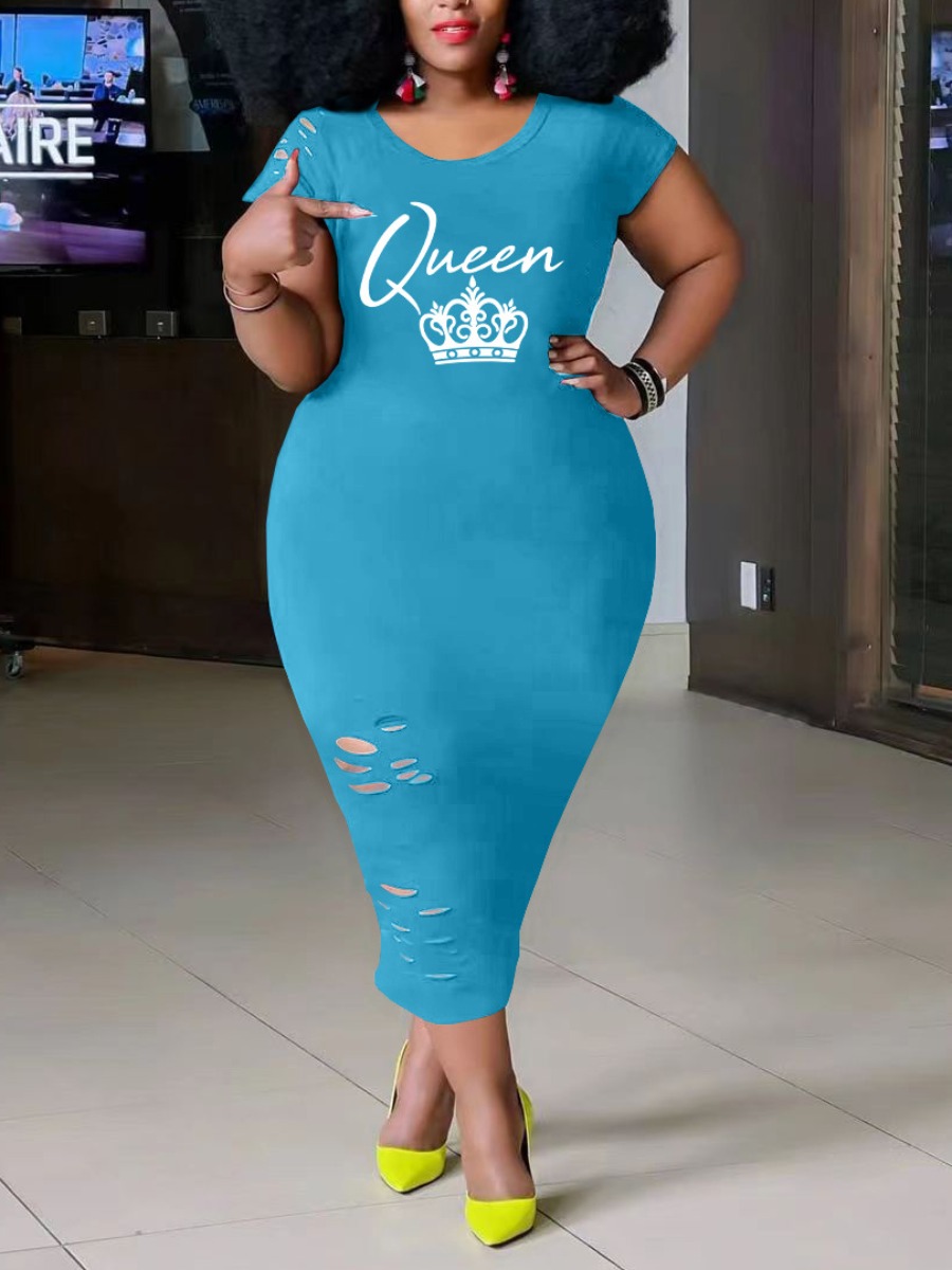 

LW Plus Size Queen Letter Print Ripped Dress, Baby blue