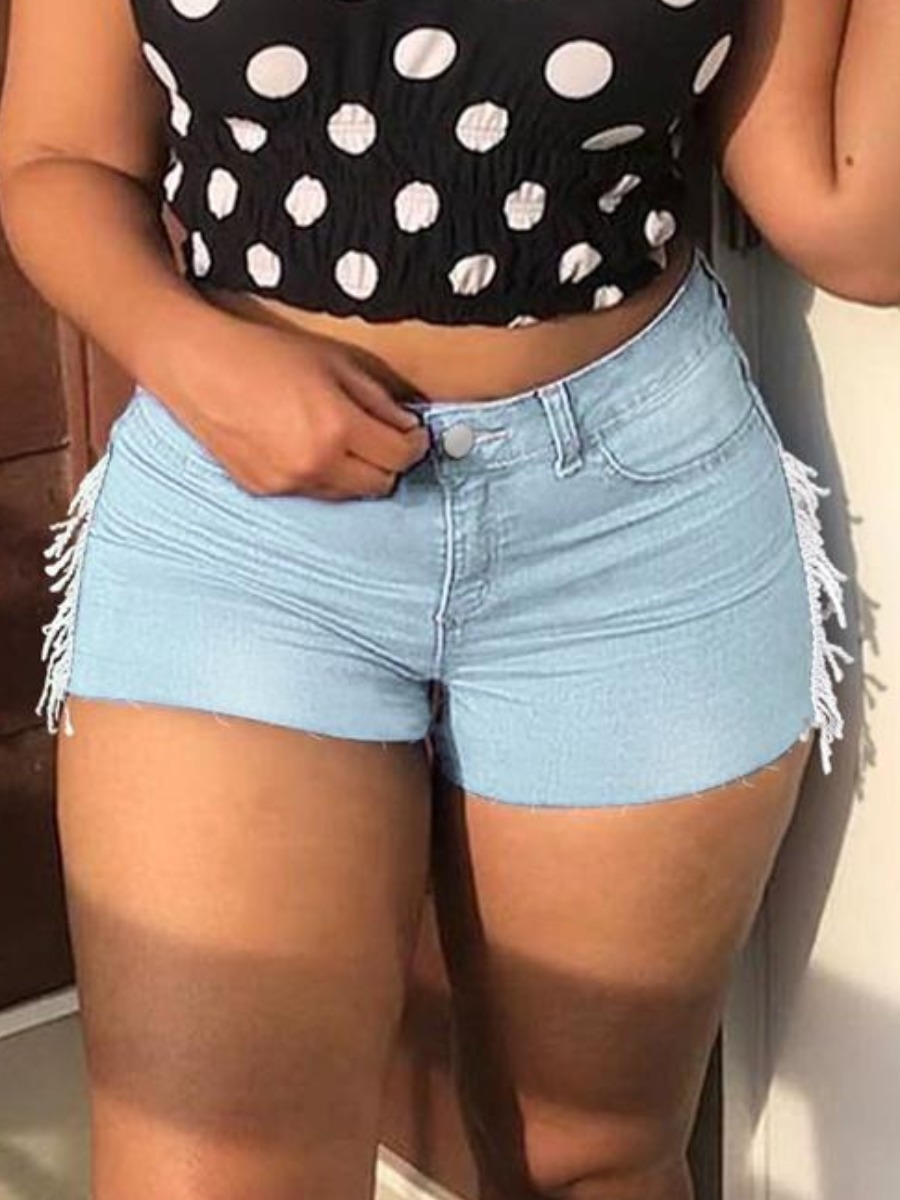 

LW Raw Edge Tassel Design Denim Shorts, Baby blue