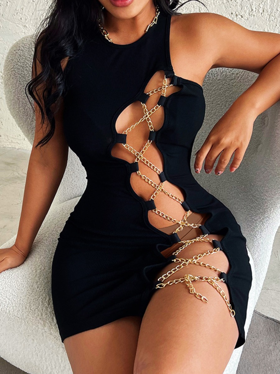 

LW SXY Chain Hollow-out Design Bodycon Dress, Black