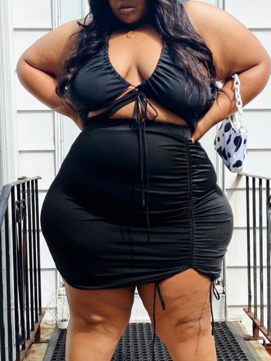 

LW Plus Size Drawstring Ruched Skirt Set, Black