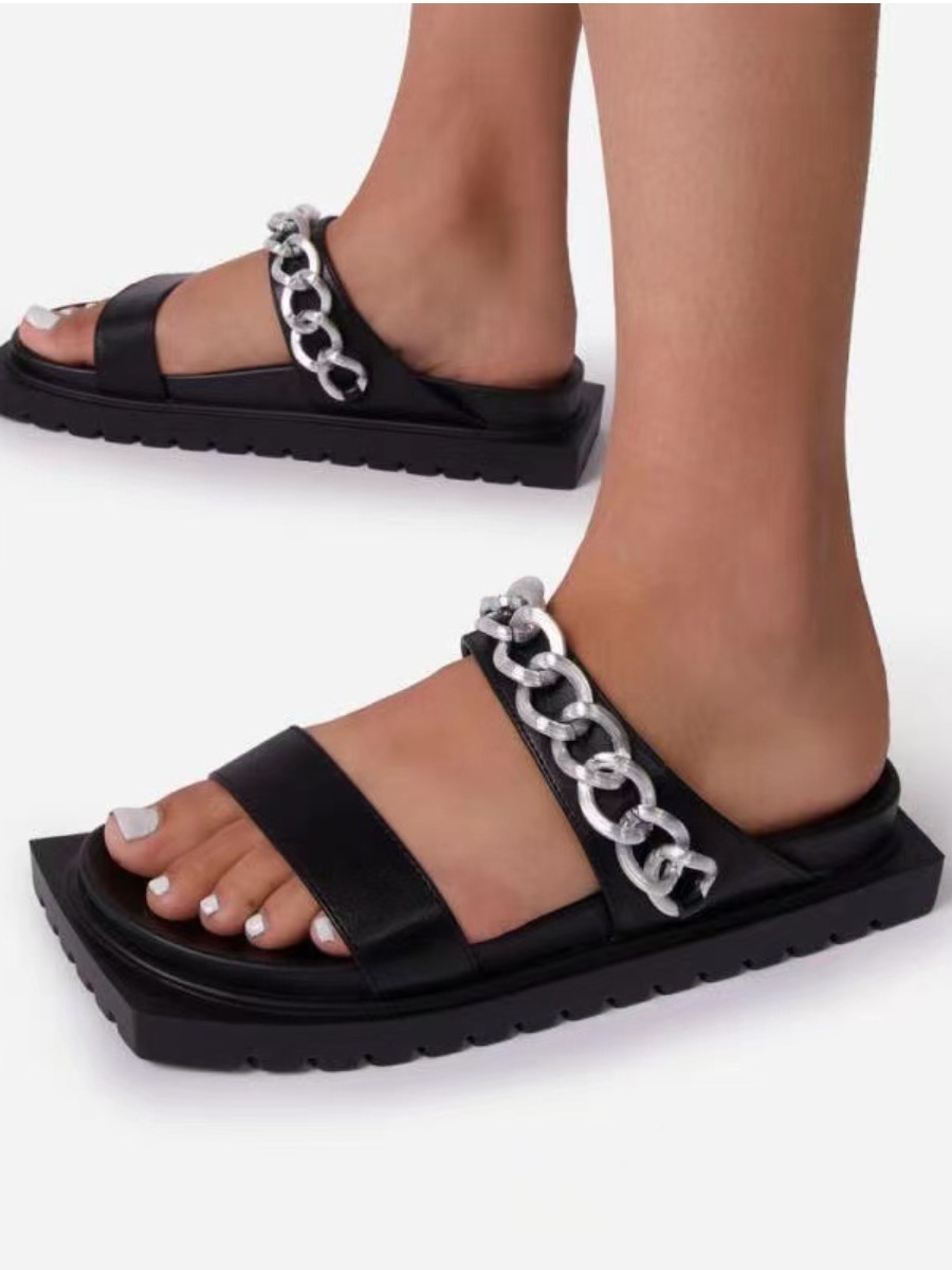 

LW Square Toe Chain Decor Slippers, Black
