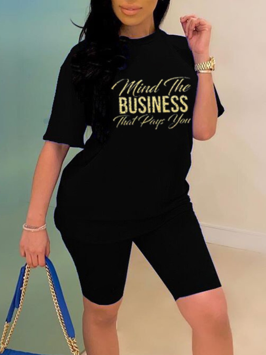 LovelyWholesale Business Letter Print Shorts Set Summer Short Sleeve Casual Pattern Round Neck Spring Summer 2024