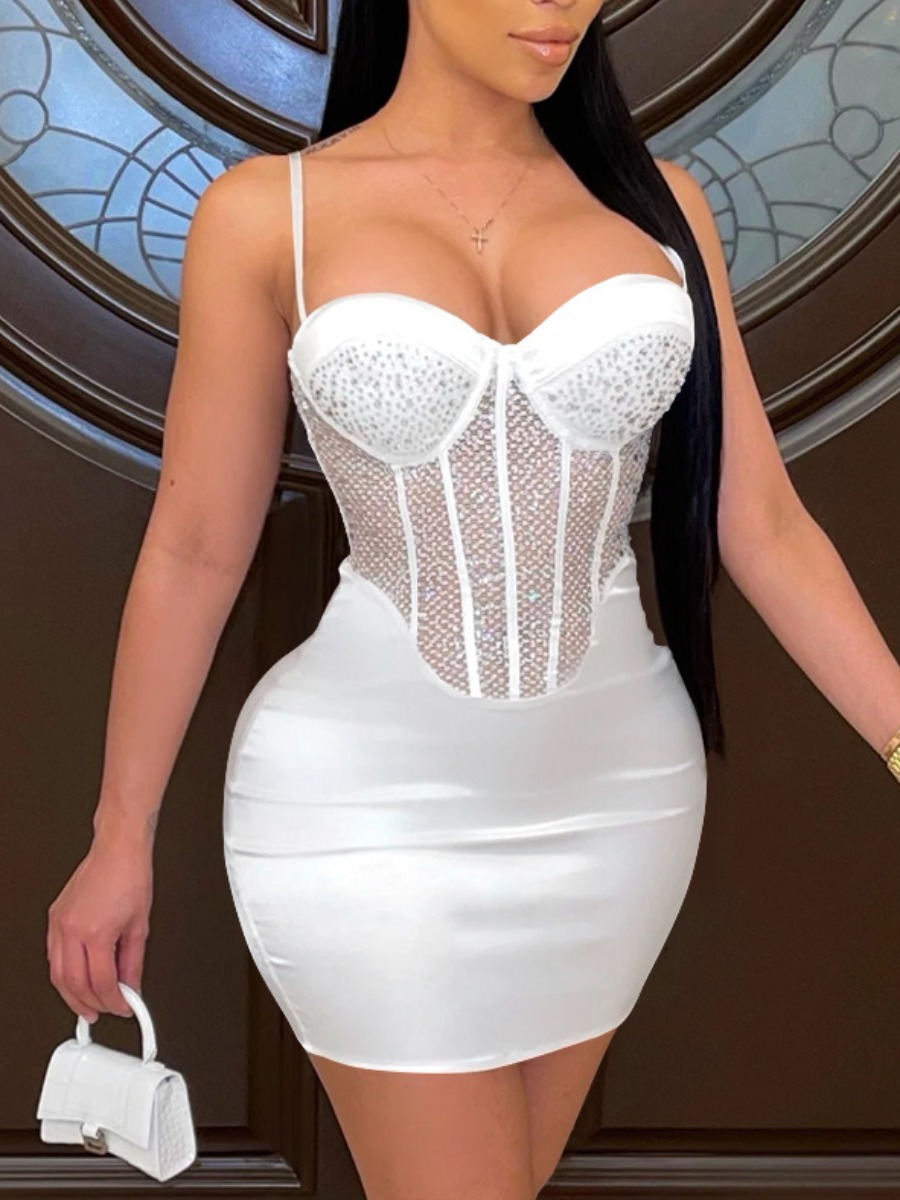 LW Rhinestone Decor Bodycon Cami Dress, White