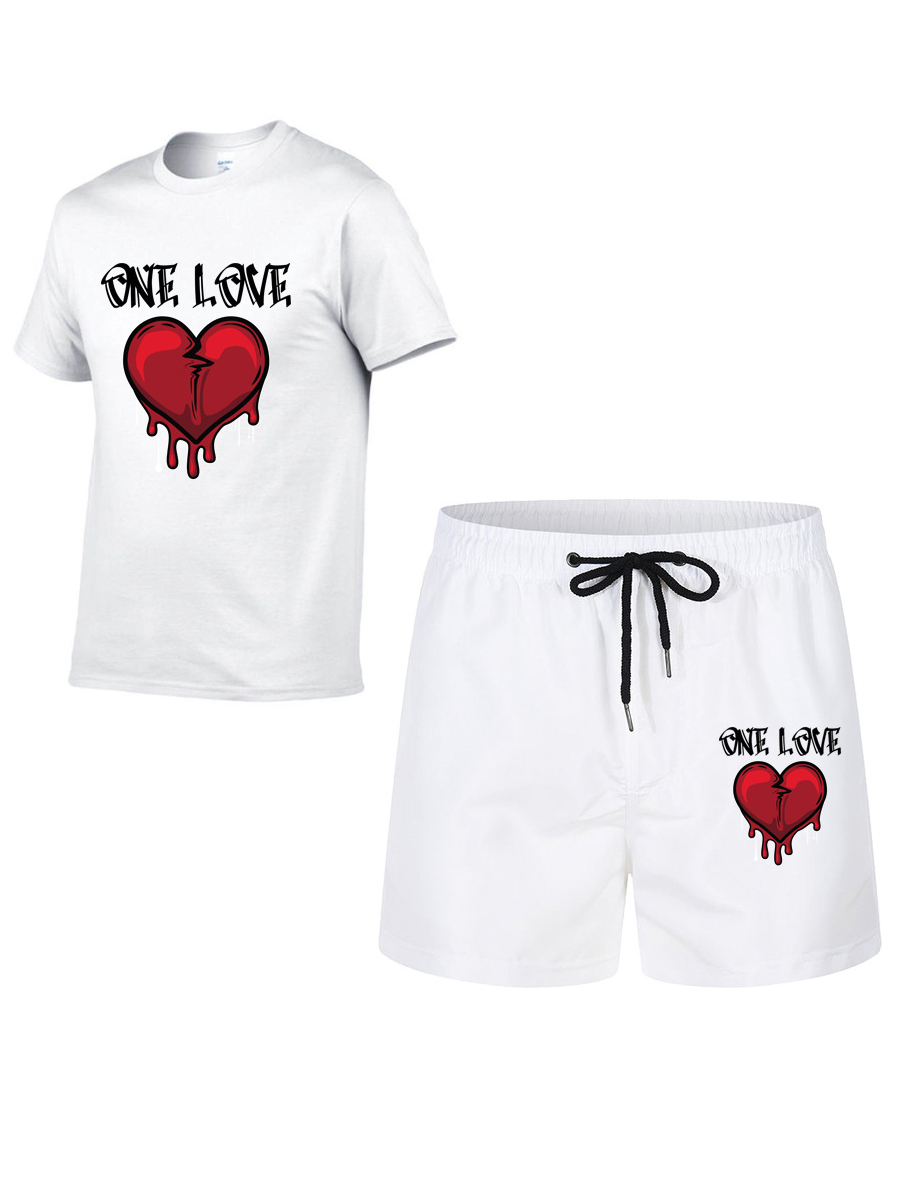 

LW Men Heart Letter Print Shorts Set, White