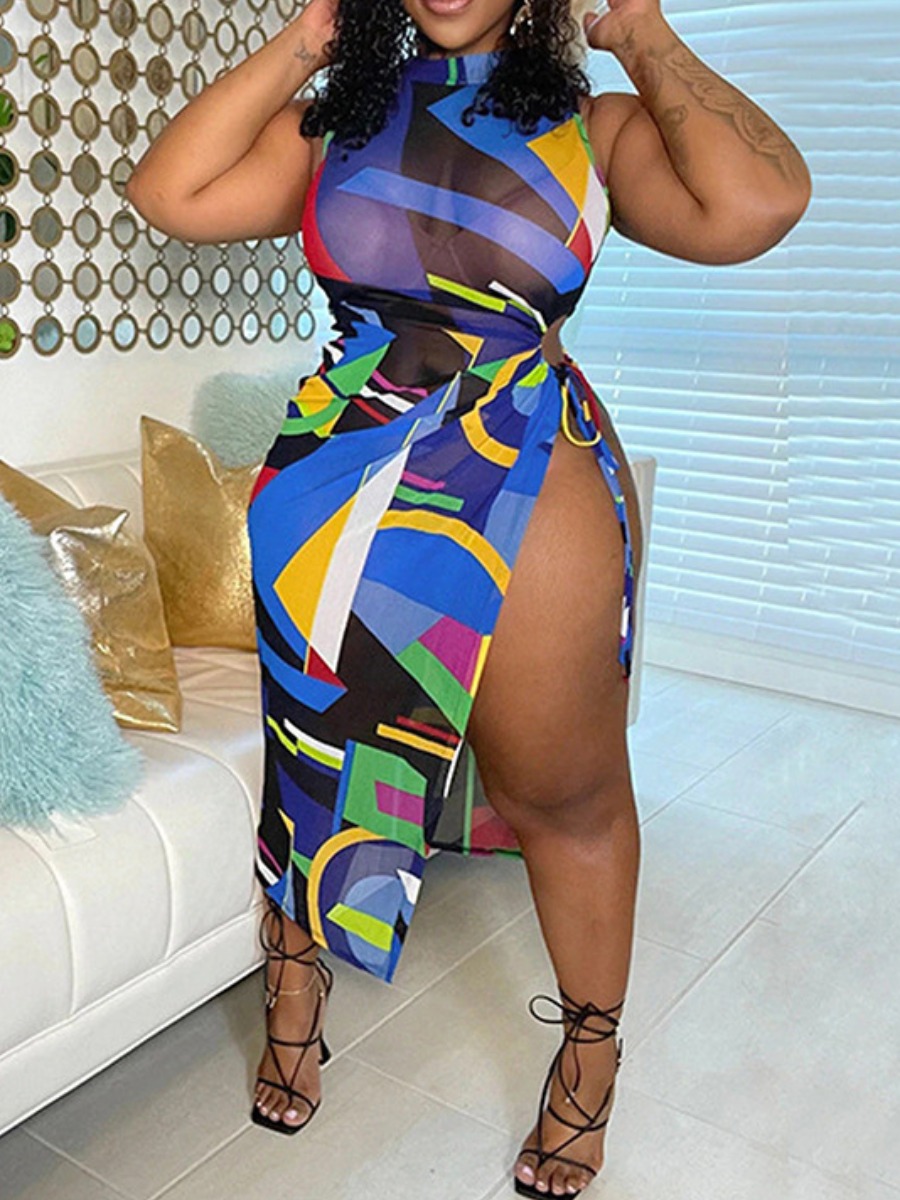 LW Plus Size Geometric Print See-through Thigh Slit Dress