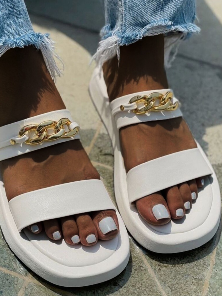 

LW Chain Decor Double Strap Slippers, White